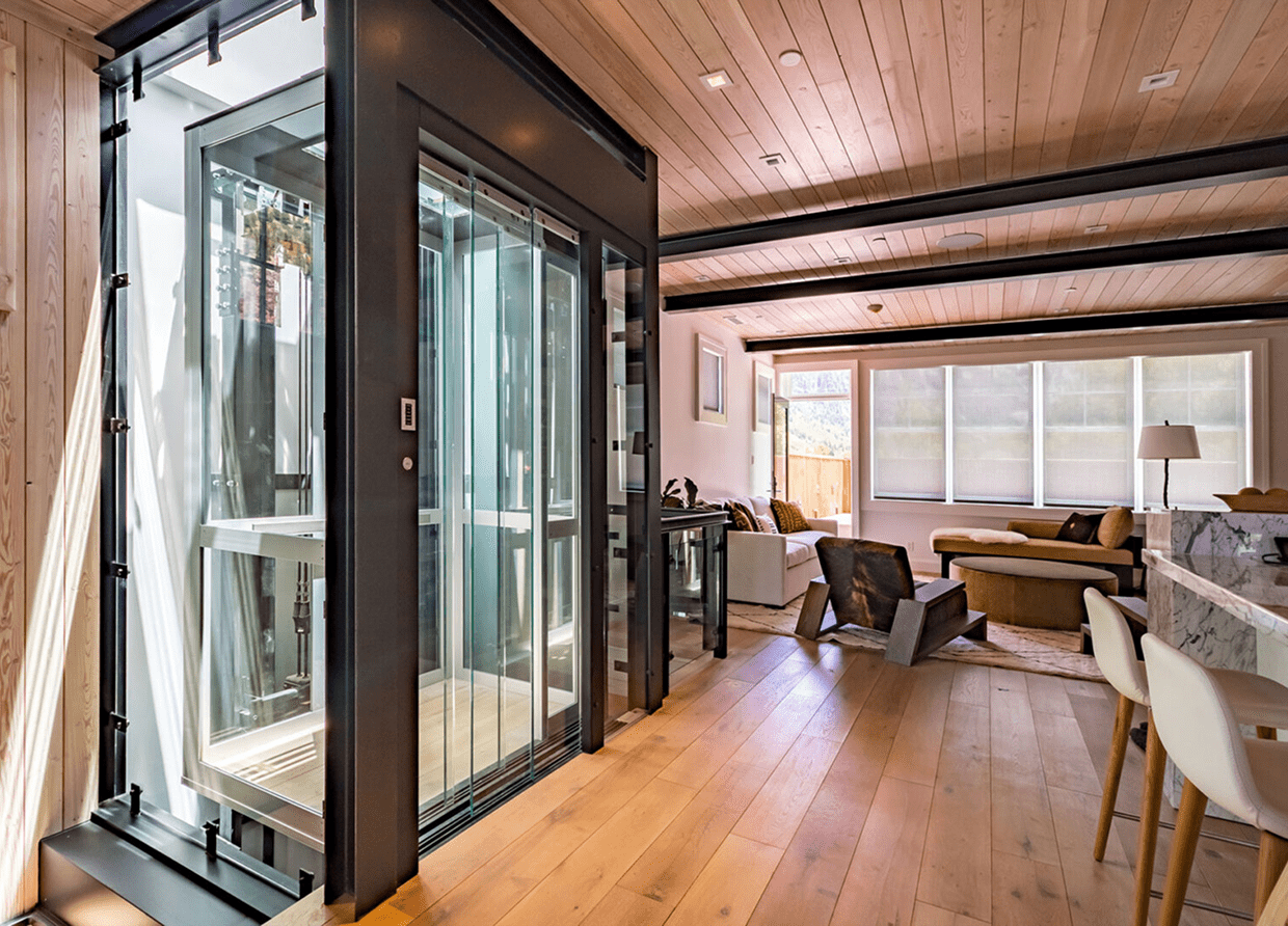 Modern home interior with glass elevator